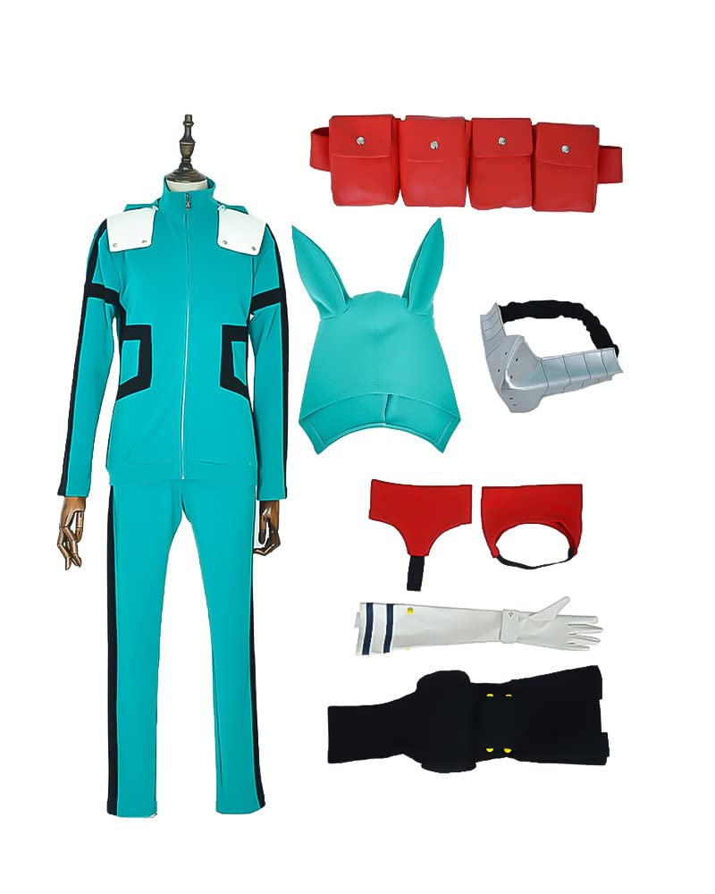 miccostumes Men's Costume Anime Hero Cosplay Green Fighting Suit Green Full-body Jumpsuit With red belt And Knee Pads (S) - Image 5